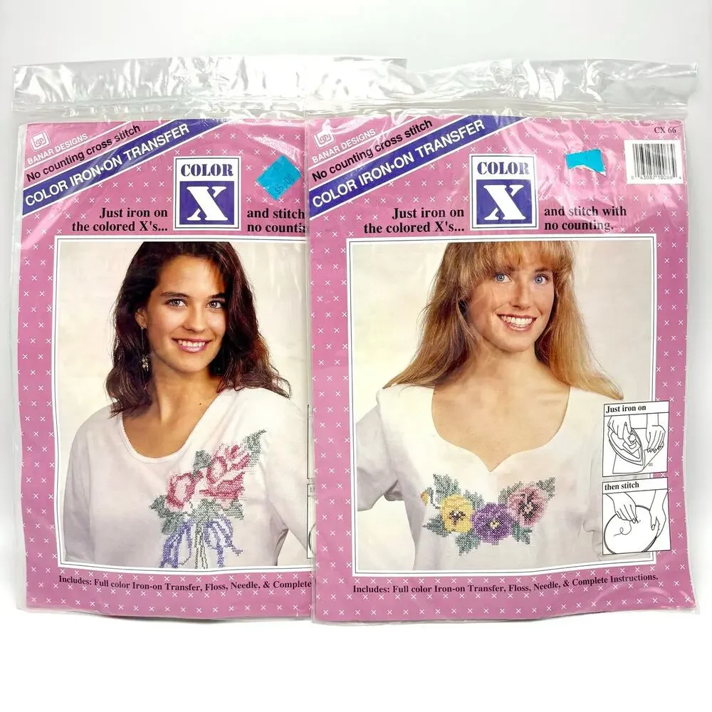 2 Wearable Flower Cross Stitch Kits Vintage 1990s Iron On Transfer Rose Pansy